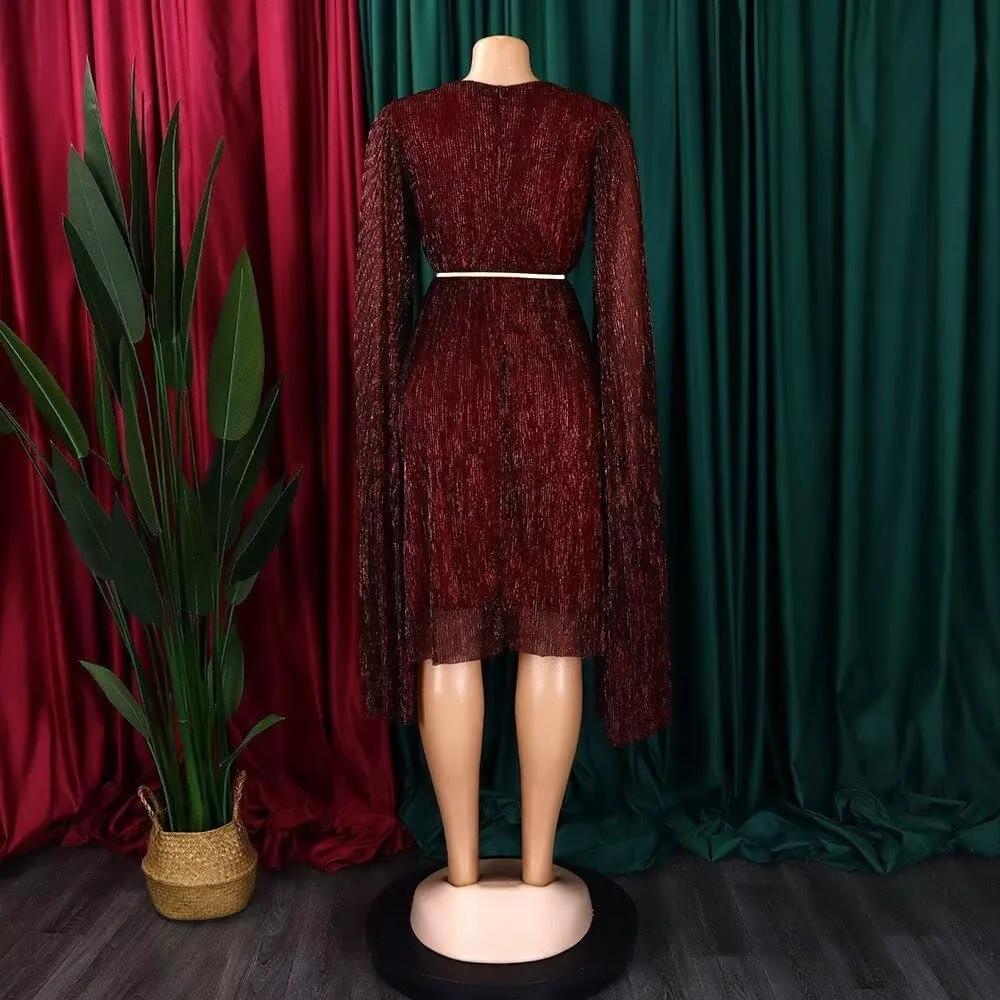 Women's Elegant Cloak Long Sleeve Sexy V Neck Sequin Sparkly Back Zipper Bodycon Midi Cocktail Dress with Belt