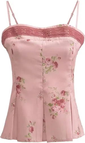 Women's Floral Camisole Tops with Ruffled Bottom and Lace Splicing Slim Fit Blended Polyester