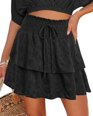 Womens Flowy Shorts Casual Boho Ruffle Tiered Mini Skirts Crochet Lace High Waist Cute Cotton Butterfly Skorts Summer Trendy
