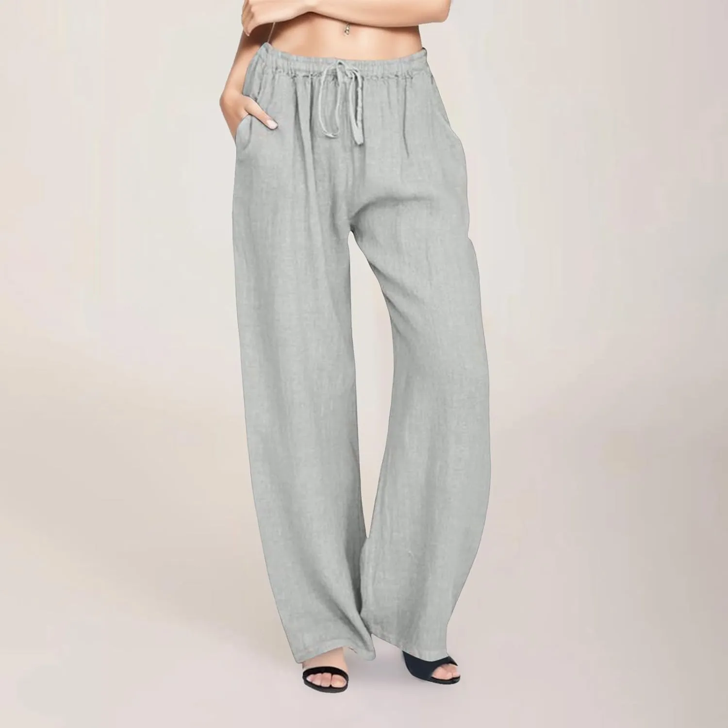 Womens Linen Pants, Casual Yoga Pants for Women Flowy High Waisted Wide Leg Pants Summer Beach Pants Boho with Pockets