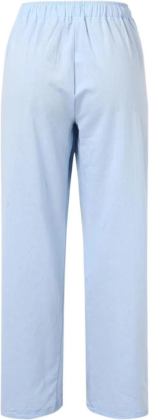 Womens Linen Pants Summer Beach Wide Leg Palazzo Pants Cotton Drawstring High Waisted Pants Lightweight Dressy Work Trousers