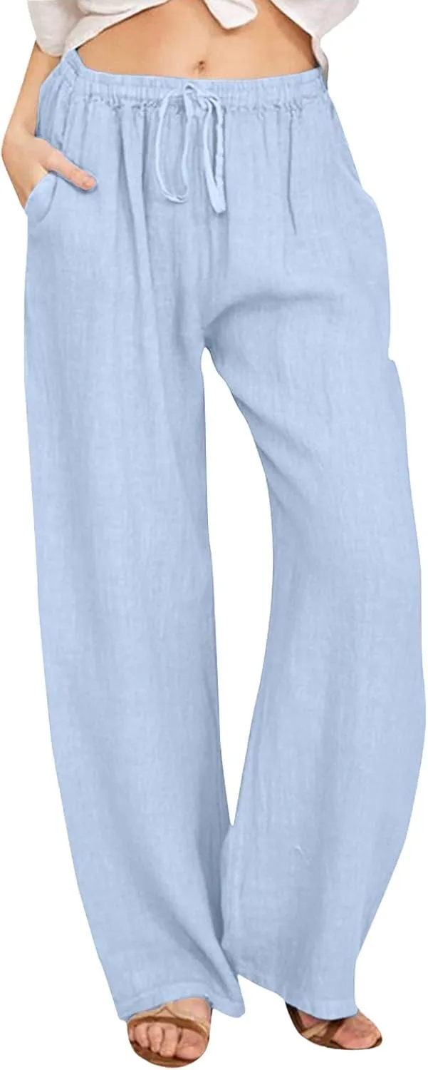 Womens Linen Pants Summer Beach Wide Leg Palazzo Pants Cotton Drawstring High Waisted Pants Lightweight Dressy Work Trousers