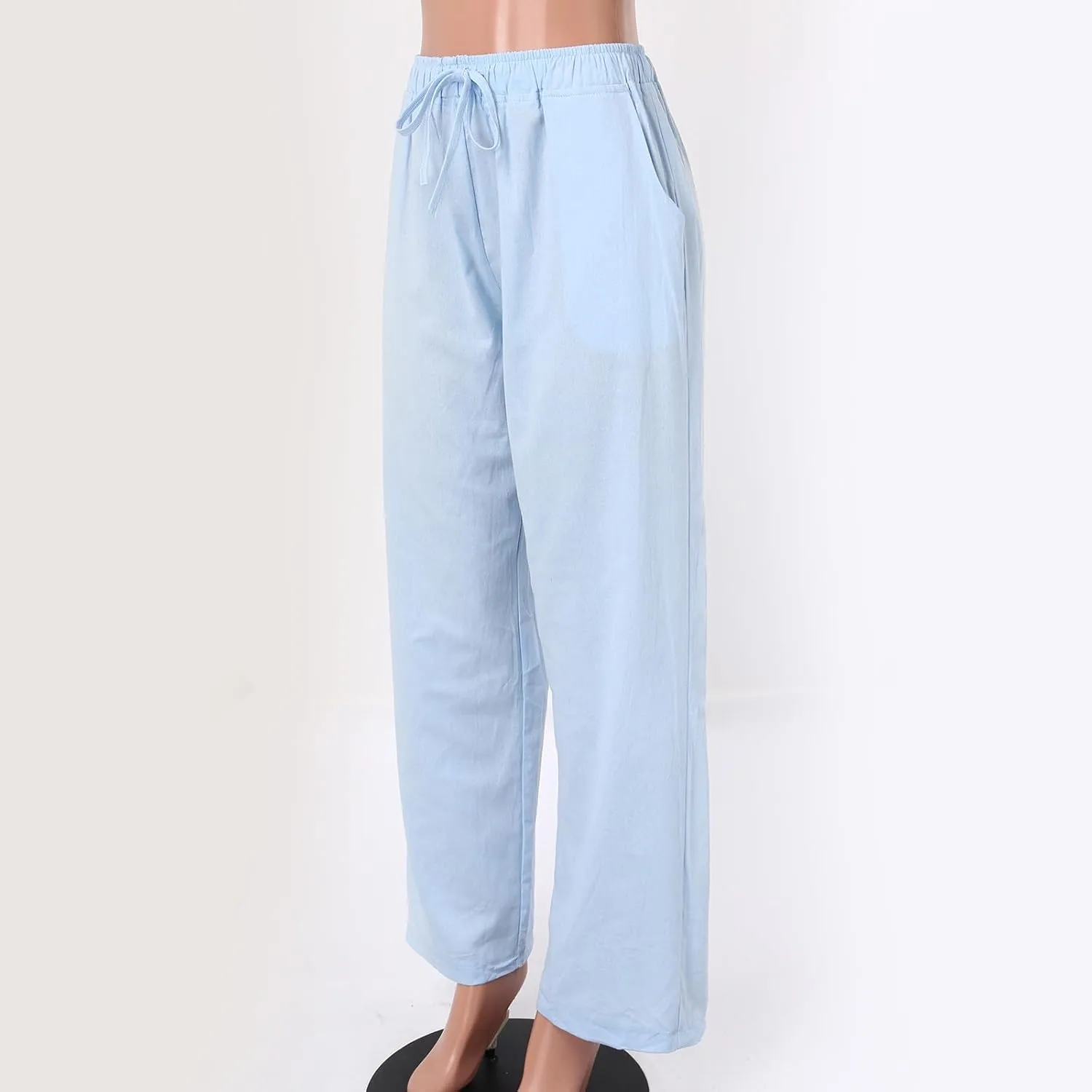 Womens Linen Pants Summer Beach Wide Leg Palazzo Pants Cotton Drawstring High Waisted Pants Lightweight Dressy Work Trousers