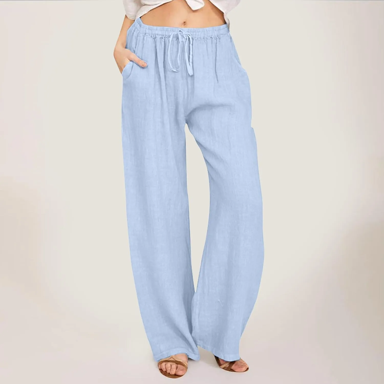 Womens Linen Pants Summer Beach Wide Leg Palazzo Pants Cotton Drawstring High Waisted Pants Lightweight Dressy Work Trousers