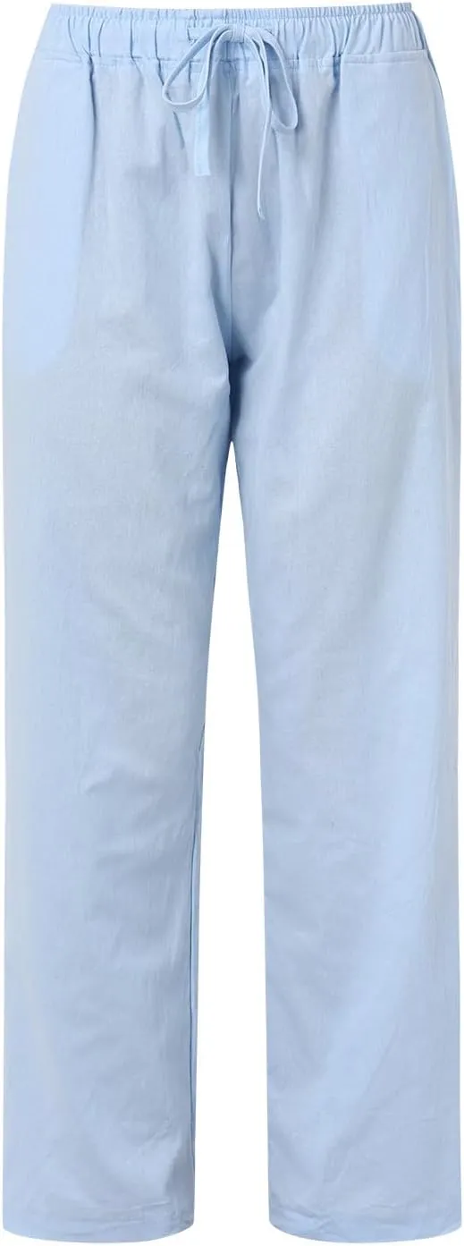 Womens Linen Pants Summer Beach Wide Leg Palazzo Pants Cotton Drawstring High Waisted Pants Lightweight Dressy Work Trousers