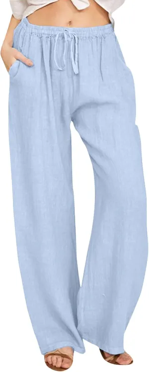 Womens Linen Pants Summer Beach Wide Leg Palazzo Pants Cotton Drawstring High Waisted Pants Lightweight Dressy Work Trousers