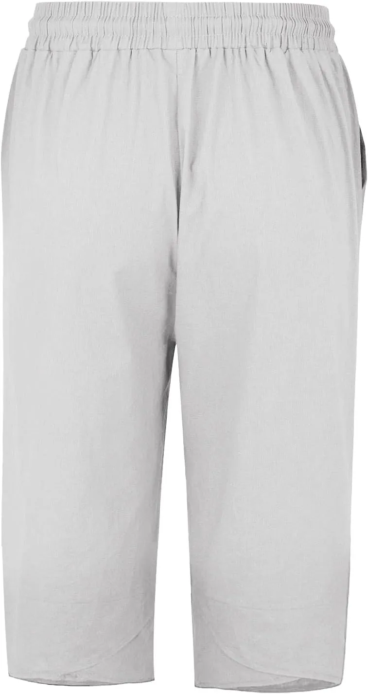 Women's Linen Summer Palazzo Pants Loose Drawstring Casual Solid Color Shorts Casual Elastic Waist Comfy Trousers