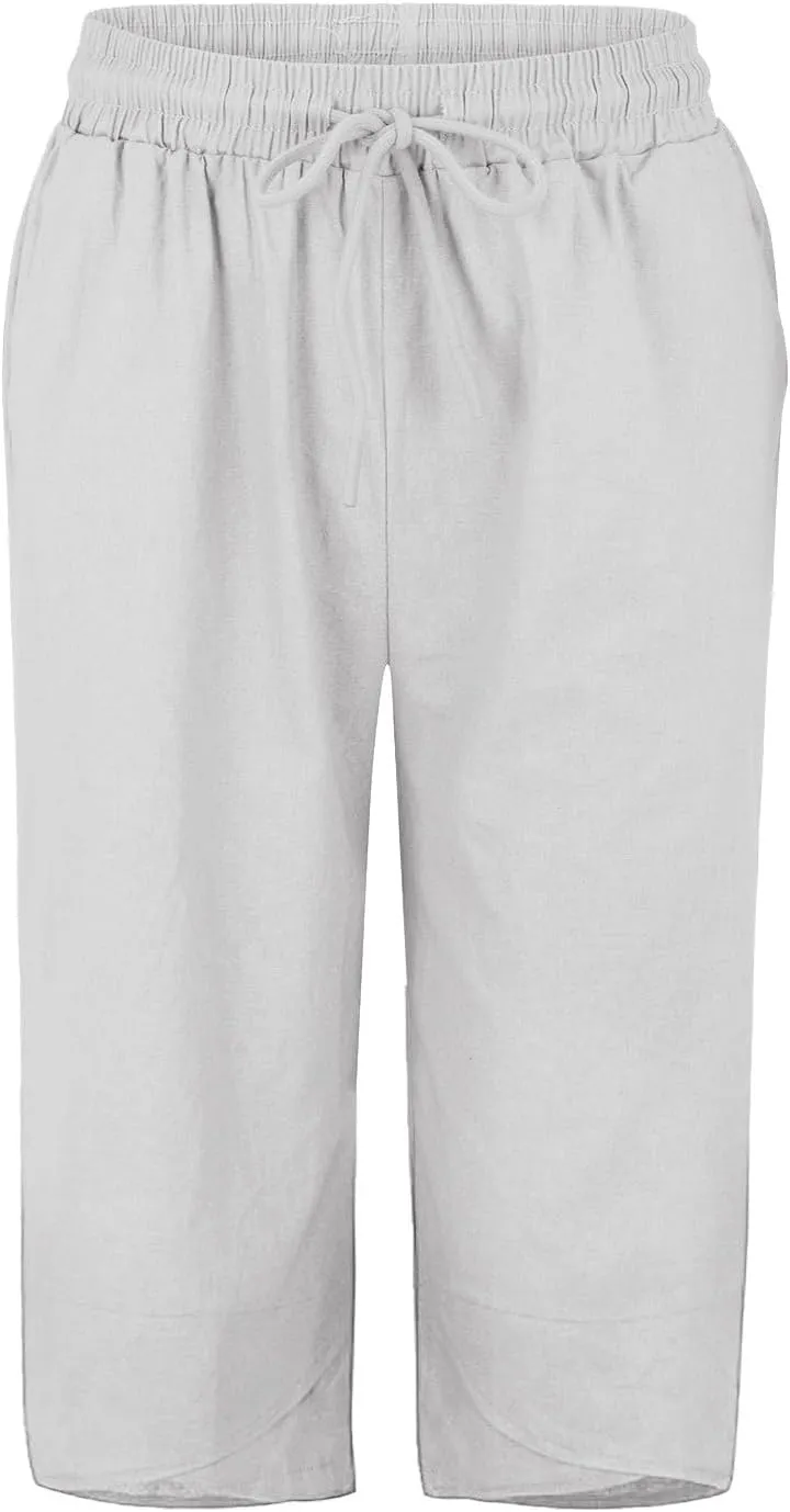 Women's Linen Summer Palazzo Pants Loose Drawstring Casual Solid Color Shorts Casual Elastic Waist Comfy Trousers
