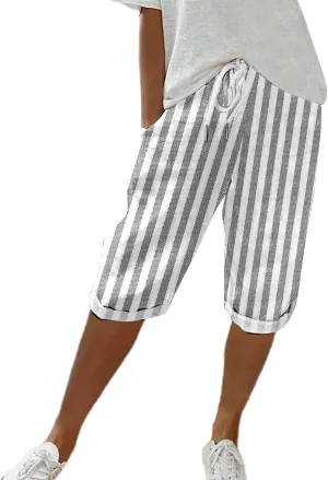 Women's Linen Summer Palazzo Pants Loose Drawstring Casual Solid Color Shorts Casual Elastic Waist Comfy Trousers