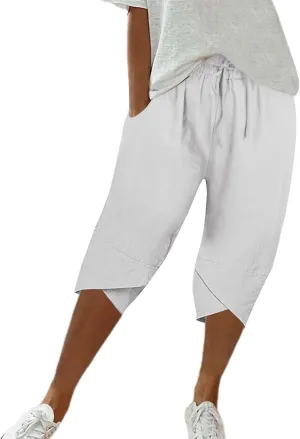 Women's Linen Summer Palazzo Pants Loose Drawstring Casual Solid Color Shorts Casual Elastic Waist Comfy Trousers