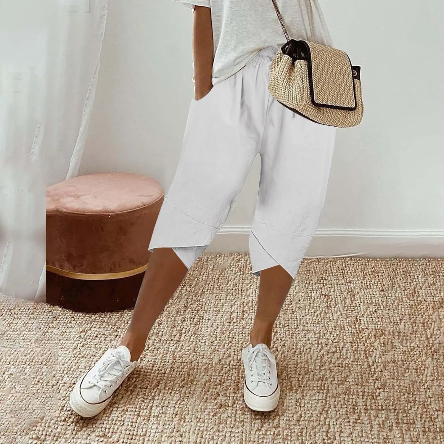 Women's Linen Summer Palazzo Pants Loose Drawstring Casual Solid Color Shorts Casual Elastic Waist Comfy Trousers