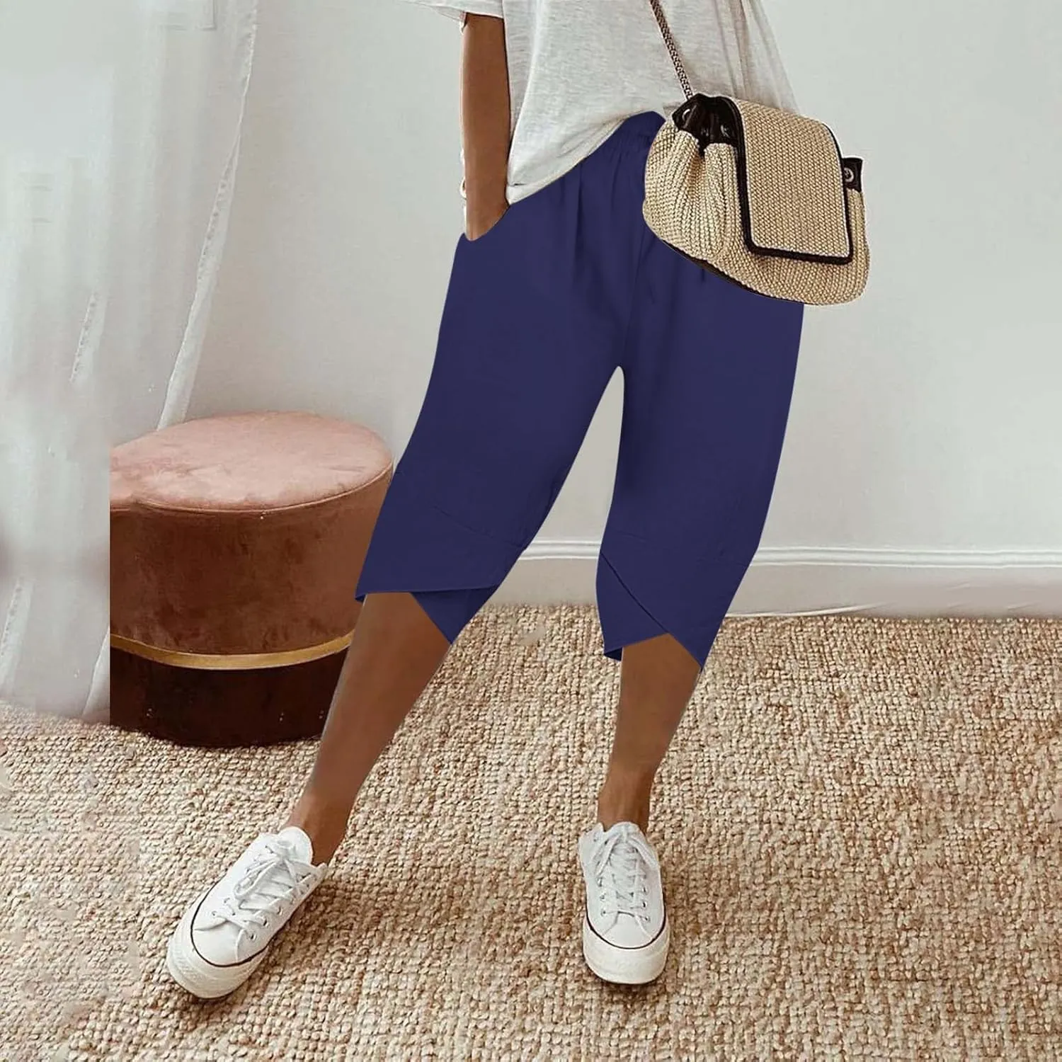Women's Linen Summer Palazzo Pants Loose Drawstring Casual Solid Color Shorts Casual Elastic Waist Comfy Trousers