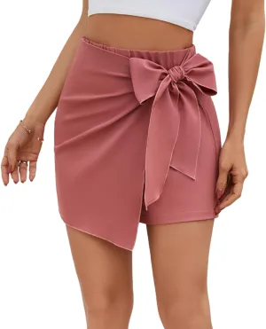 Womens Mini Wrap Skirt High Waist Knot Belted Skorts Elastic Waist Casual Loose Asymmetrical Hem Trendy Shorts