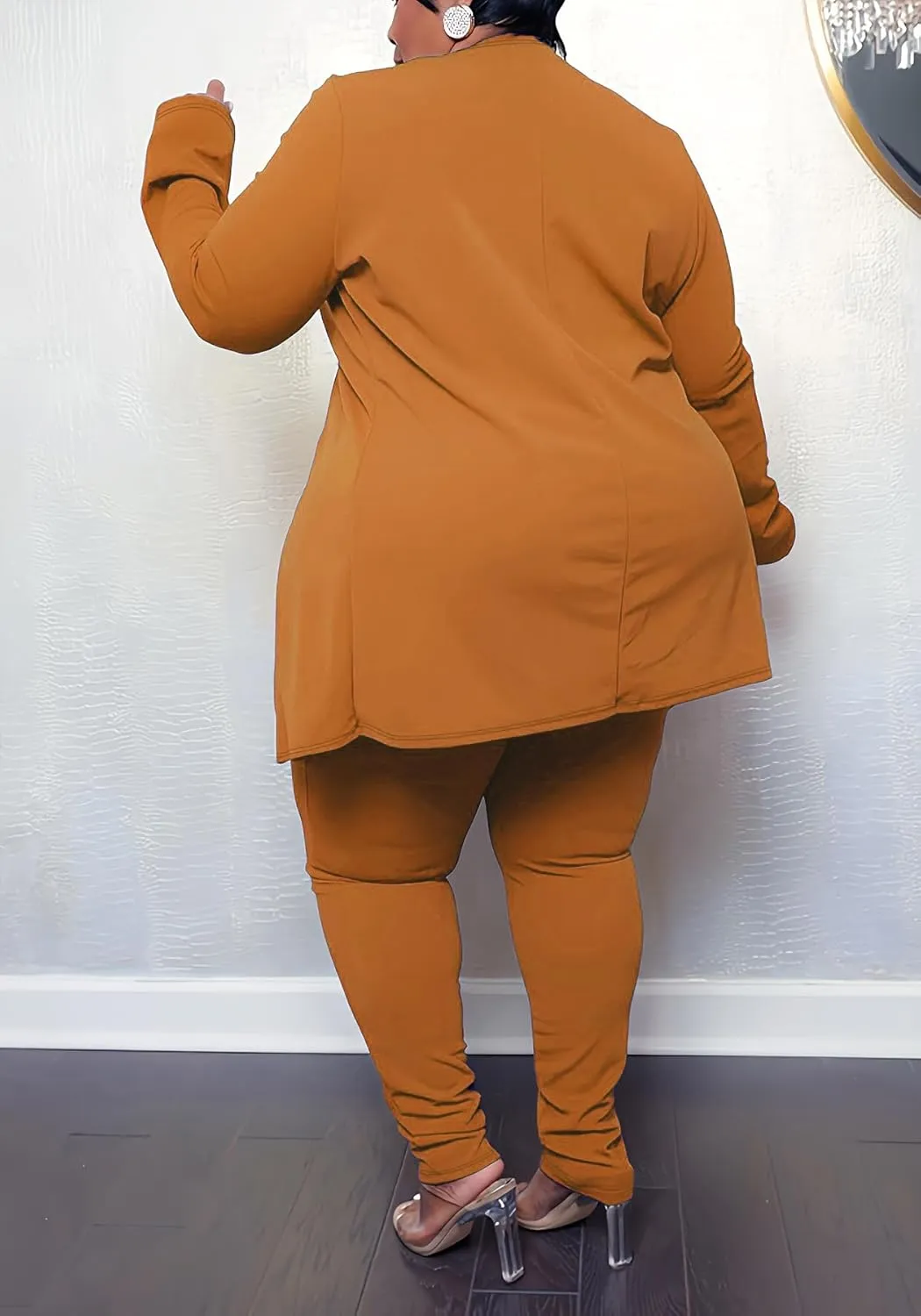 Women's Plus Size 2 Piece Outfits Open Front Blazer and High Waisted Long Pant Suit Set Business Loungewear