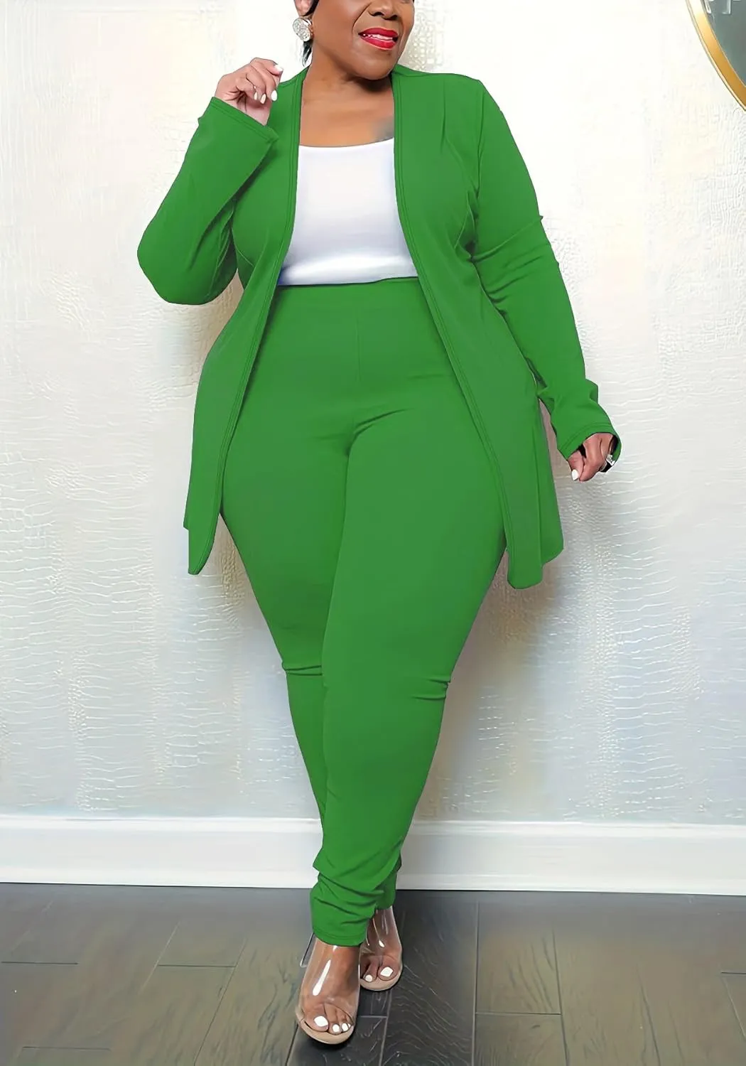 Women's Plus Size 2 Piece Outfits Open Front Blazer and High Waisted Long Pant Suit Set Business Loungewear