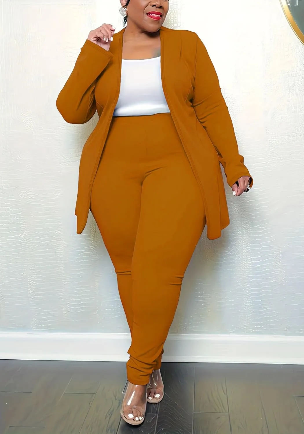 Women's Plus Size 2 Piece Outfits Open Front Blazer and High Waisted Long Pant Suit Set Business Loungewear