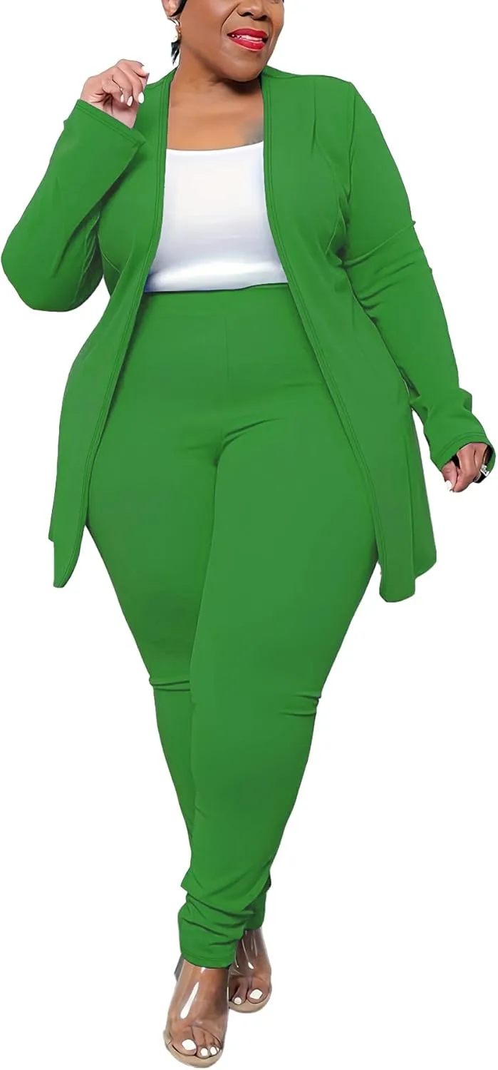 Women's Plus Size 2 Piece Outfits Open Front Blazer and High Waisted Long Pant Suit Set Business Loungewear