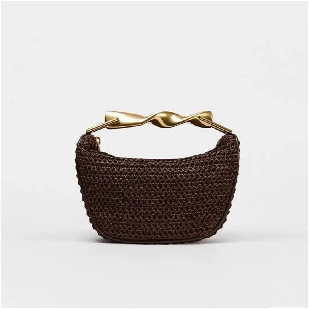 Women's Rattan Half-Moon Straw Shoulder Bag Woven Bucket Purse Casual Tote Crossbody With Polyester Lining