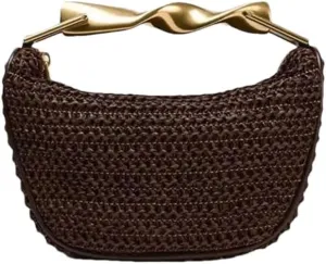 Women's Rattan Half-Moon Straw Shoulder Bag Woven Bucket Purse Casual Tote Crossbody With Polyester Lining
