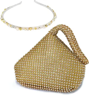 Women's Rhinestone Clutch Evening Bag with Pearls Headband, Full Diamond Clutch Purse Satin Lining, Medium Size - Gold
