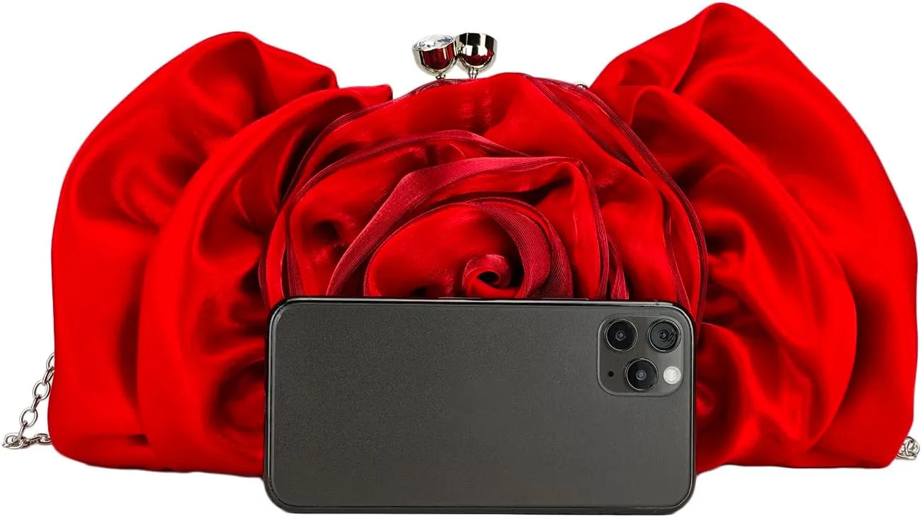 Women's Satin 3D Flower Chain Crossbody Handbag Evening Clutch Purse Party Formal Dress Shoulder Bag