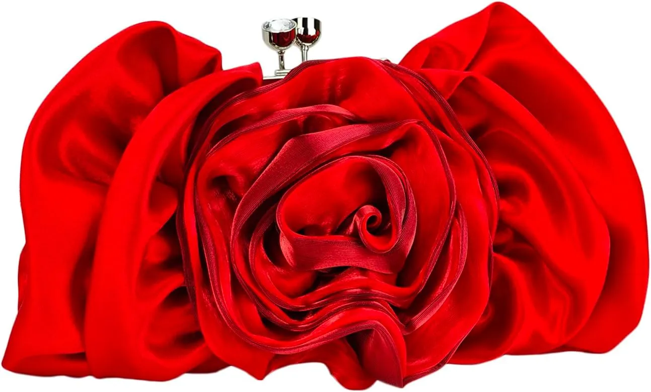 Women's Satin 3D Flower Chain Crossbody Handbag Evening Clutch Purse Party Formal Dress Shoulder Bag