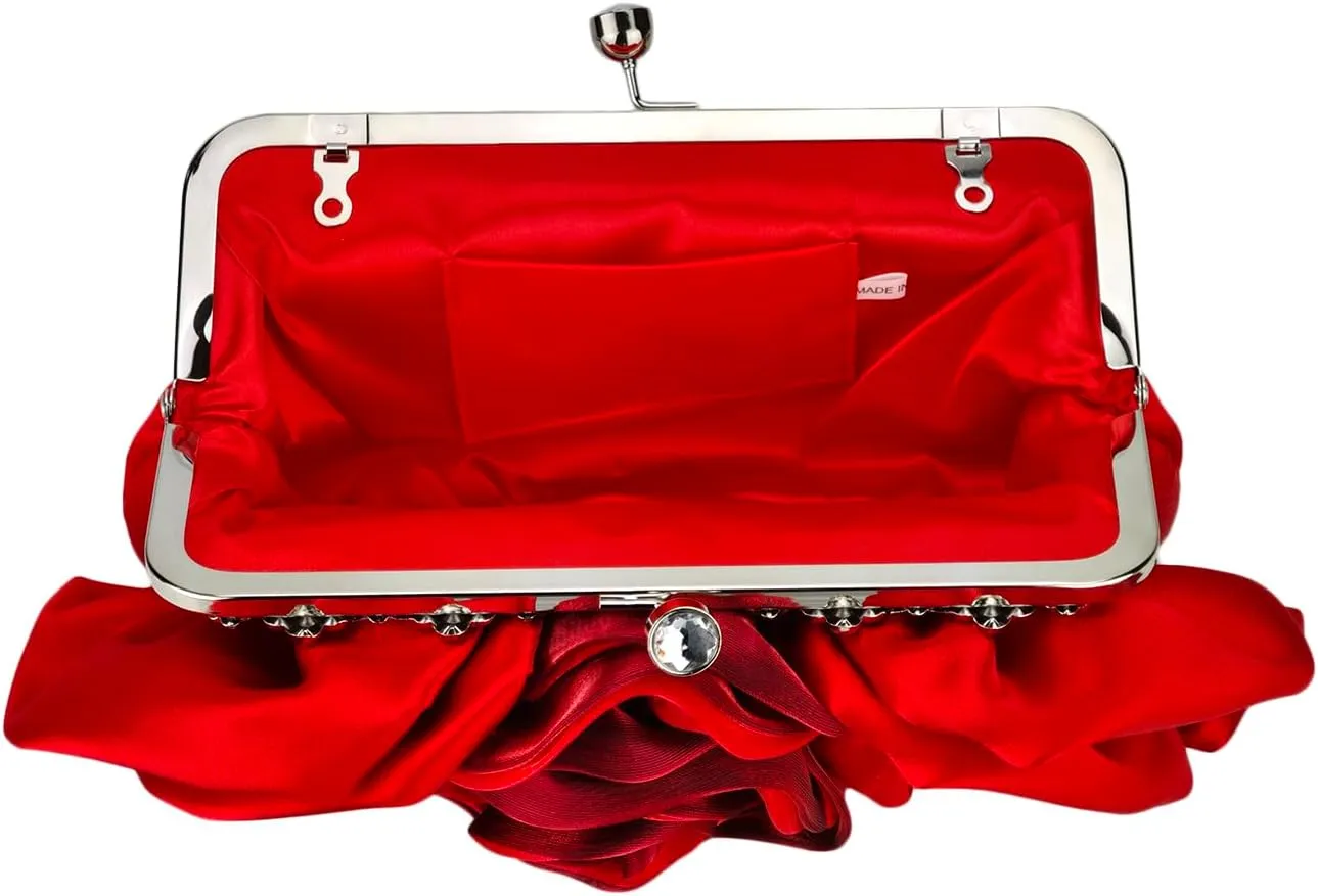 Women's Satin 3D Flower Chain Crossbody Handbag Evening Clutch Purse Party Formal Dress Shoulder Bag