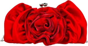 Women's Satin 3D Flower Chain Crossbody Handbag Evening Clutch Purse Party Formal Dress Shoulder Bag