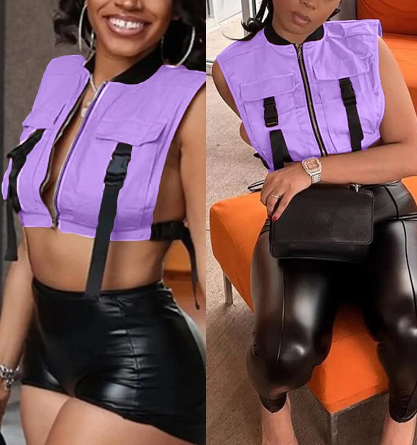 Women's Sexy Crop Cargo Vest Sleeveless Buckle Zip Up Vest Jacket Tops Steampunk Streetwear with Pockets
