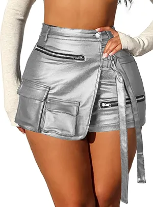 Women's Sexy High Waisted Metallic Faux Leather Wrap Mini Skirt Shorts Plus Size Cargo Skort