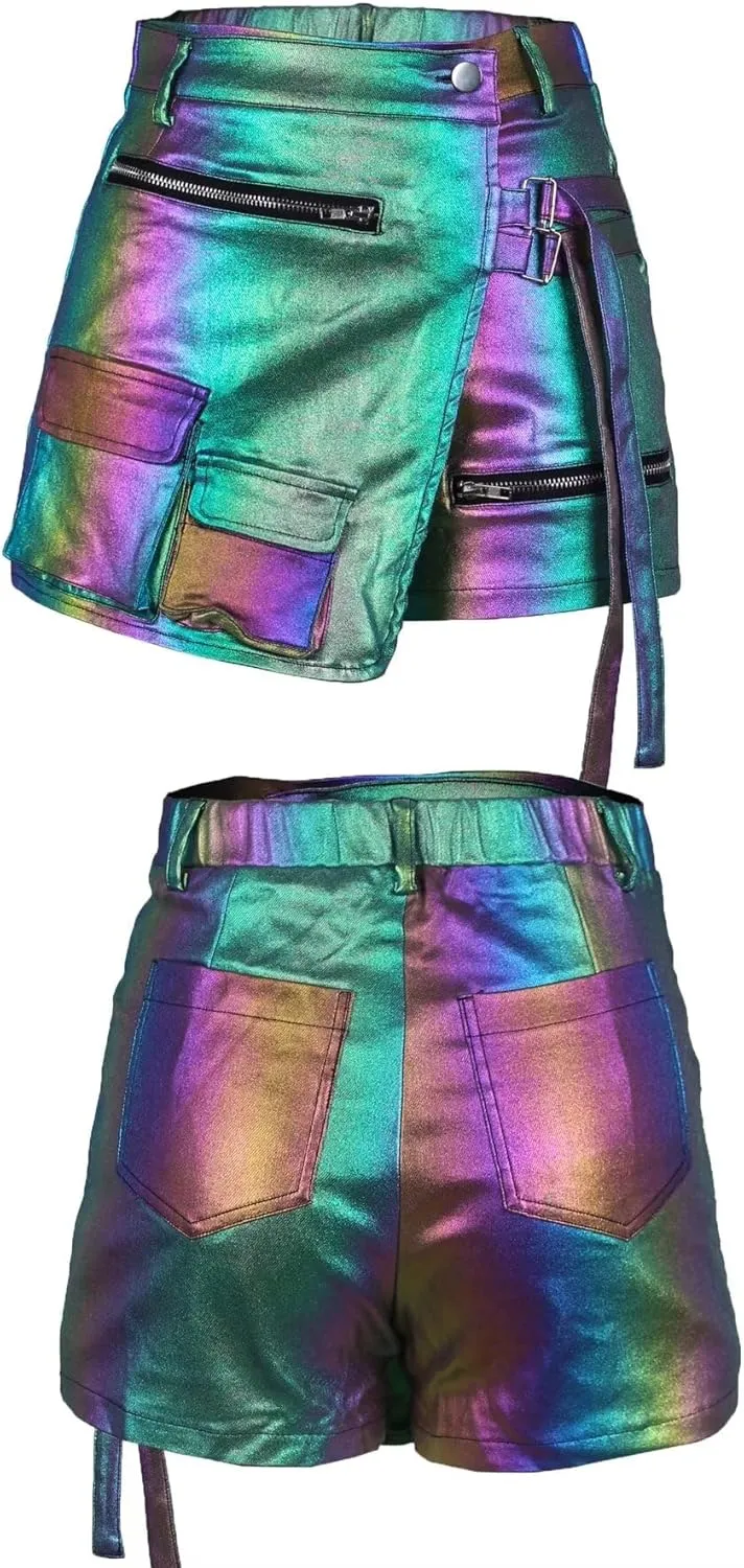 Women's Sexy High Waisted Metallic Faux Leather Wrap Mini Skirt Shorts Plus Size Cargo Skort