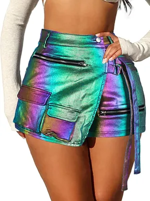 Women's Sexy High Waisted Metallic Faux Leather Wrap Mini Skirt Shorts Plus Size Cargo Skort