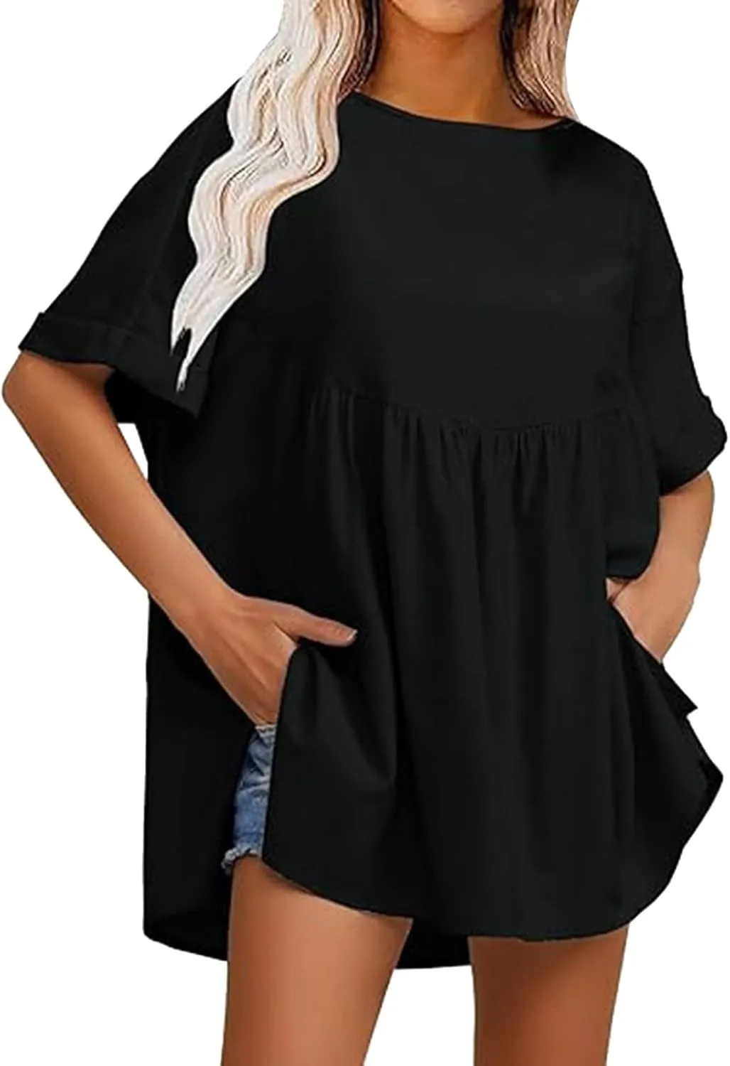 Women's Shirts Casual Mini Ruffle Dress Oversized Short Sleeve Crew Neck Peplum T Shirts Summer Loose Fit Dress with Pockets Black, X-Large