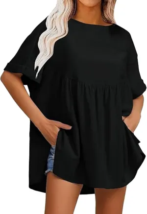 Women's Shirts Casual Mini Ruffle Dress Oversized Short Sleeve Crew Neck Peplum T Shirts Summer Loose Fit Dress with Pockets Black, X-Large