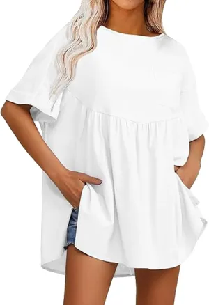 Women's Shirts Casual Mini Ruffle Dress Oversized Short Sleeve Crew Neck Peplum T Shirts Summer Loose Fit Dress with Pockets White
