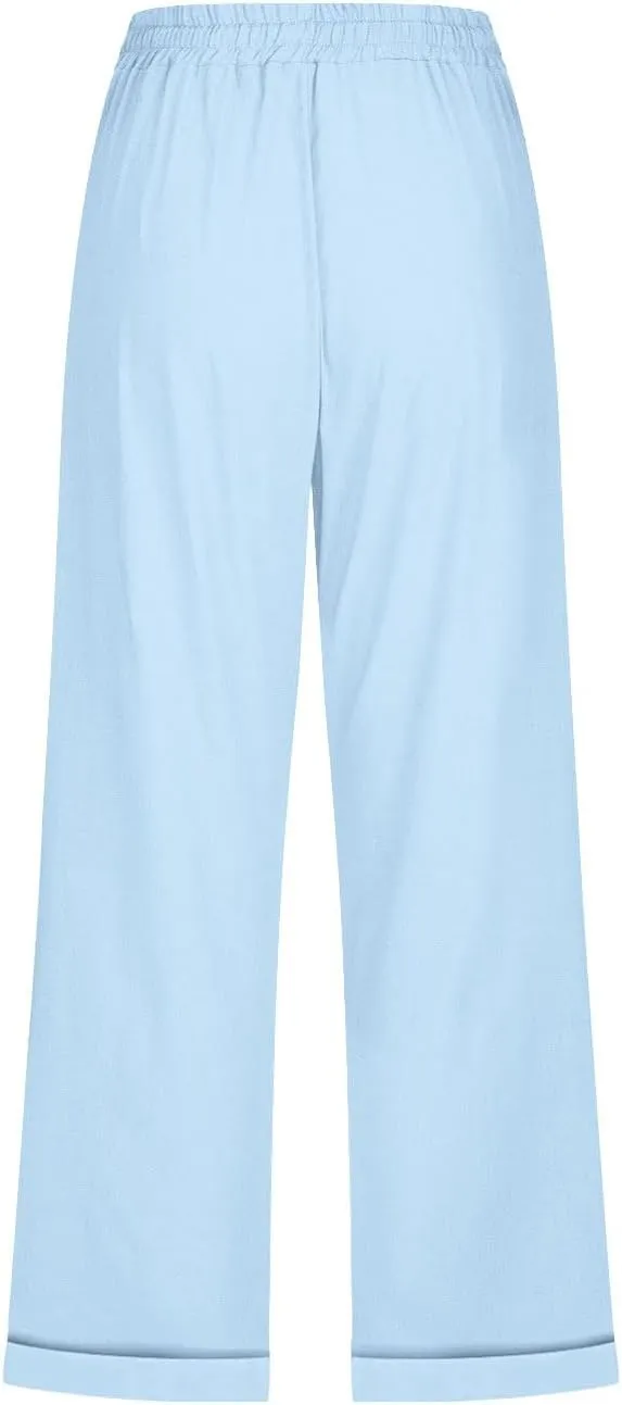 Womens Summer Casual Linen Capri Pants Solid Elastic Loose Cotton Pants Straight Wide Leg Trousers with Pockets