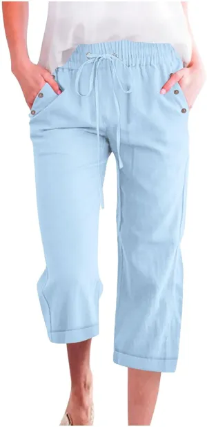Womens Summer Casual Linen Capri Pants Solid Elastic Loose Cotton Pants Straight Wide Leg Trousers with Pockets