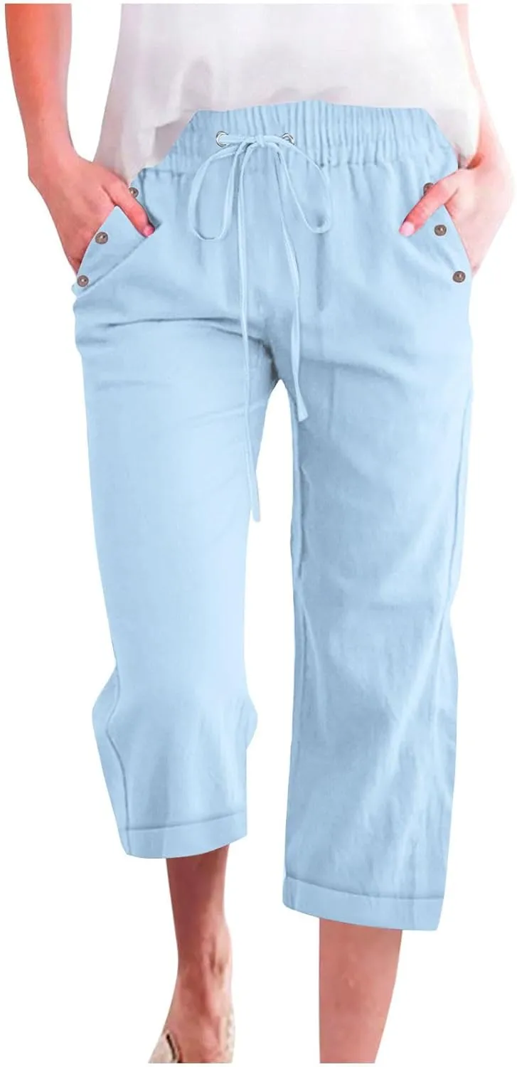 Womens Summer Casual Linen Capri Pants Solid Elastic Loose Cotton Pants Straight Wide Leg Trousers with Pockets