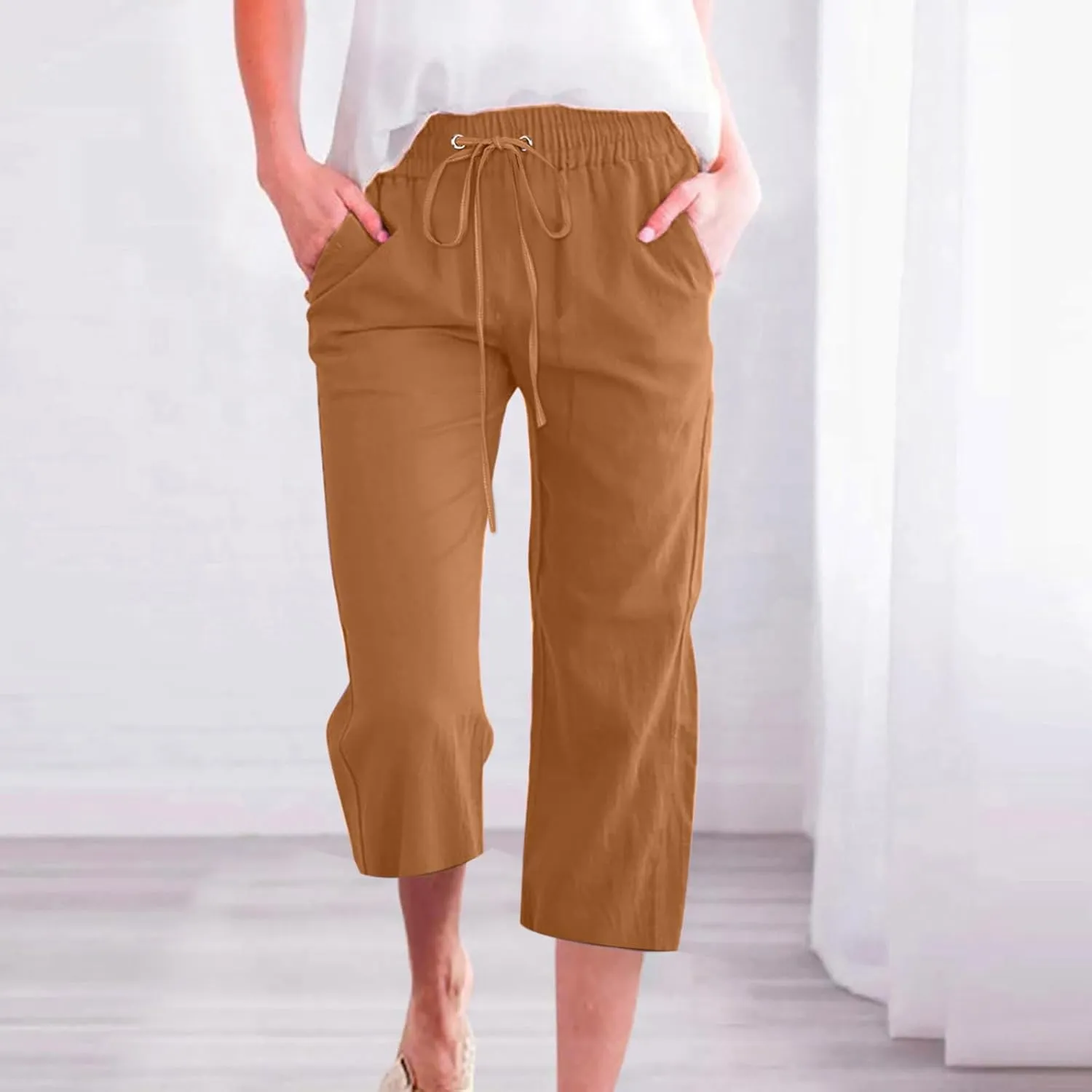 Women's Summer Cotton Linen Capri Pants Casual Solid Elastic Loose Pants Straight Leg Cropped Trousers with Pockets