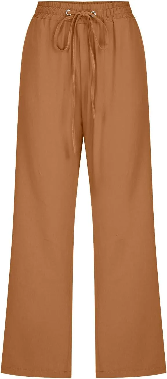 Women's Summer Cotton Linen Capri Pants Casual Solid Elastic Loose Pants Straight Leg Cropped Trousers with Pockets