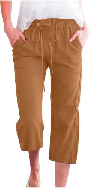 Women's Summer Cotton Linen Capri Pants Casual Solid Elastic Loose Pants Straight Leg Cropped Trousers with Pockets