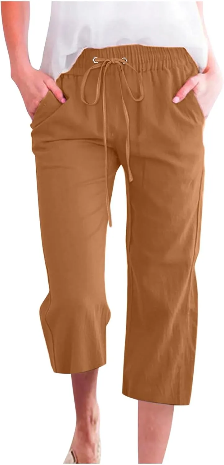 Women's Summer Cotton Linen Capri Pants Casual Solid Elastic Loose Pants Straight Leg Cropped Trousers with Pockets