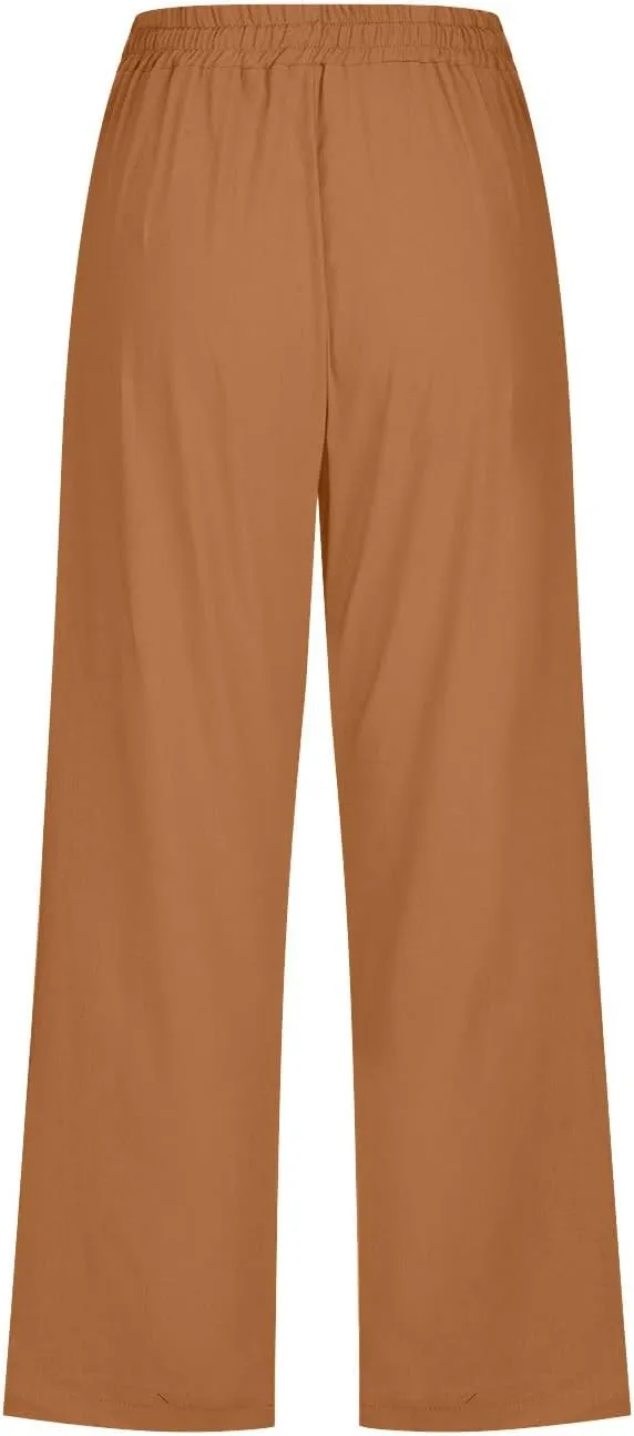 Women's Summer Cotton Linen Capri Pants Casual Solid Elastic Loose Pants Straight Leg Cropped Trousers with Pockets