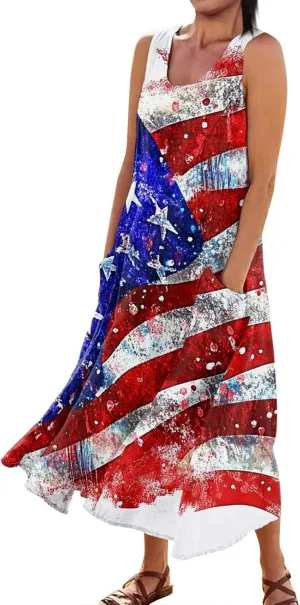 Womens Summer Dresses 2025 Trendy Stars Stripes Sleeveless Spaghetti Straps Maxi Dress 4th of July Patriotic Sundress