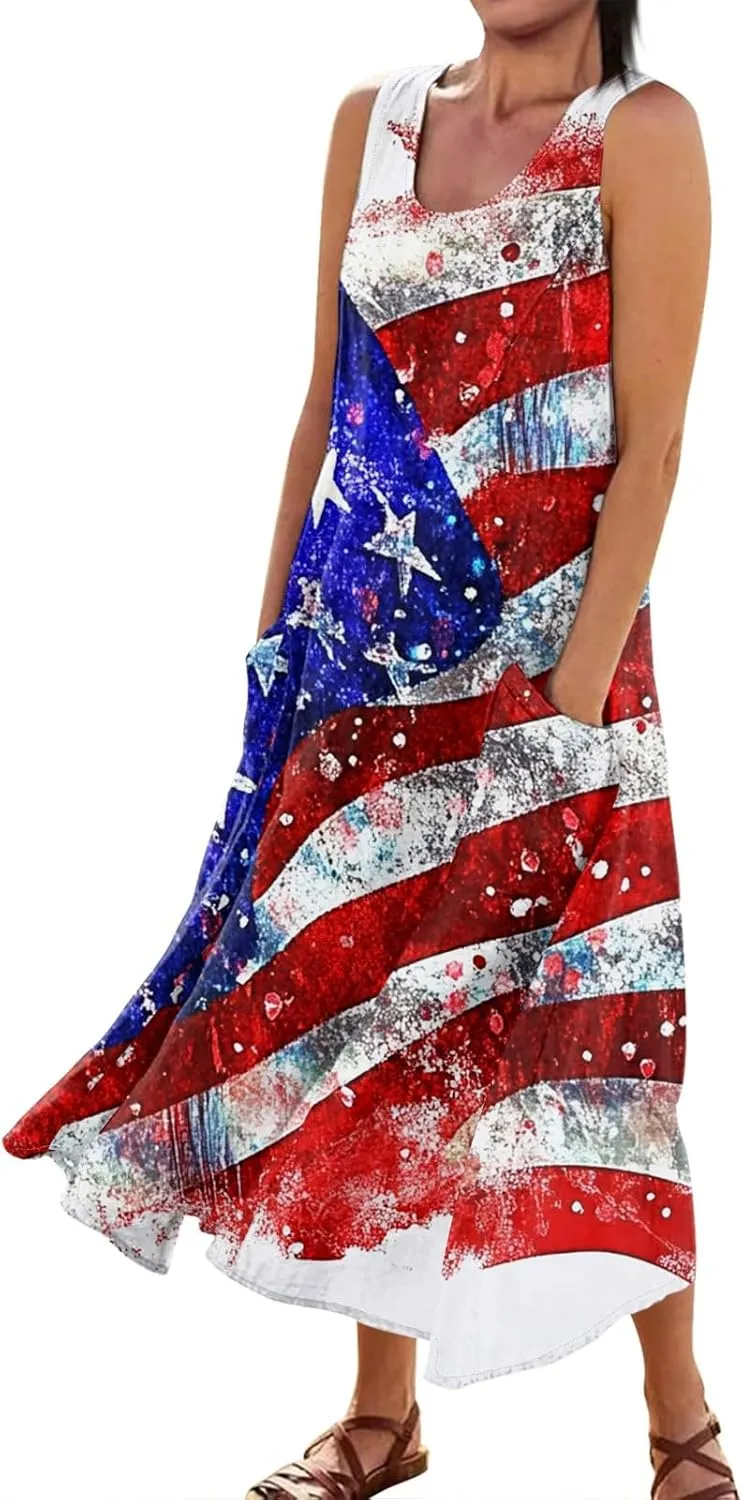 Womens Summer Dresses 2025 Trendy Stars Stripes Sleeveless Spaghetti Straps Maxi Dress 4th of July Patriotic Sundress