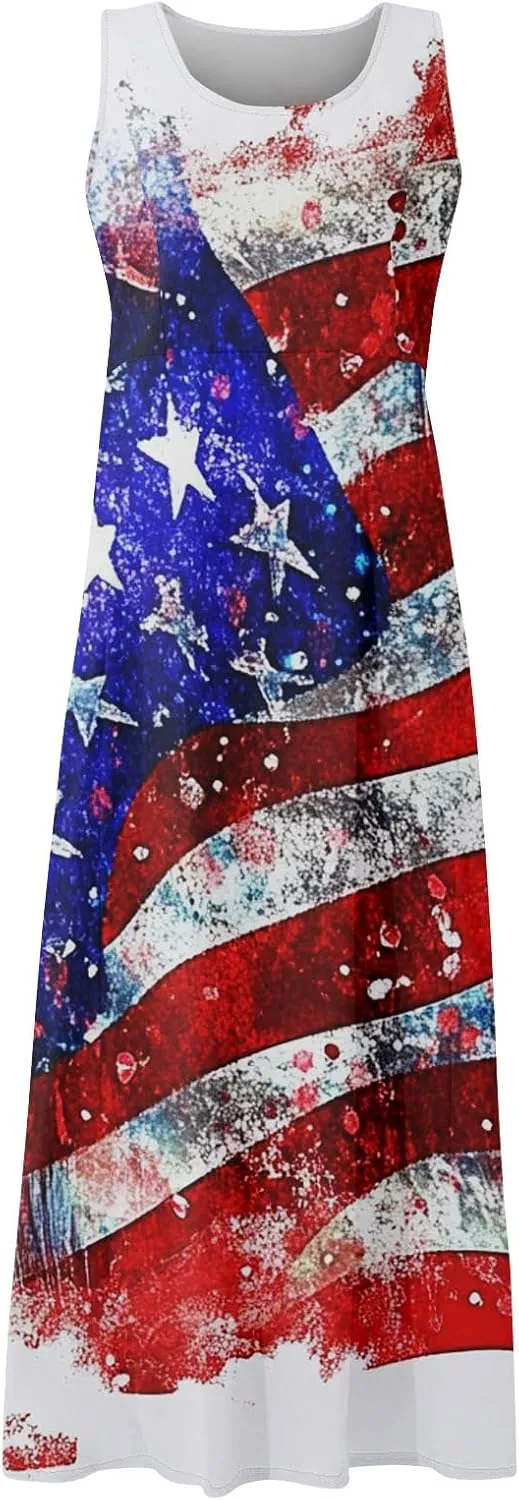 Womens Summer Dresses 2025 Trendy Stars Stripes Sleeveless Spaghetti Straps Maxi Dress 4th of July Patriotic Sundress