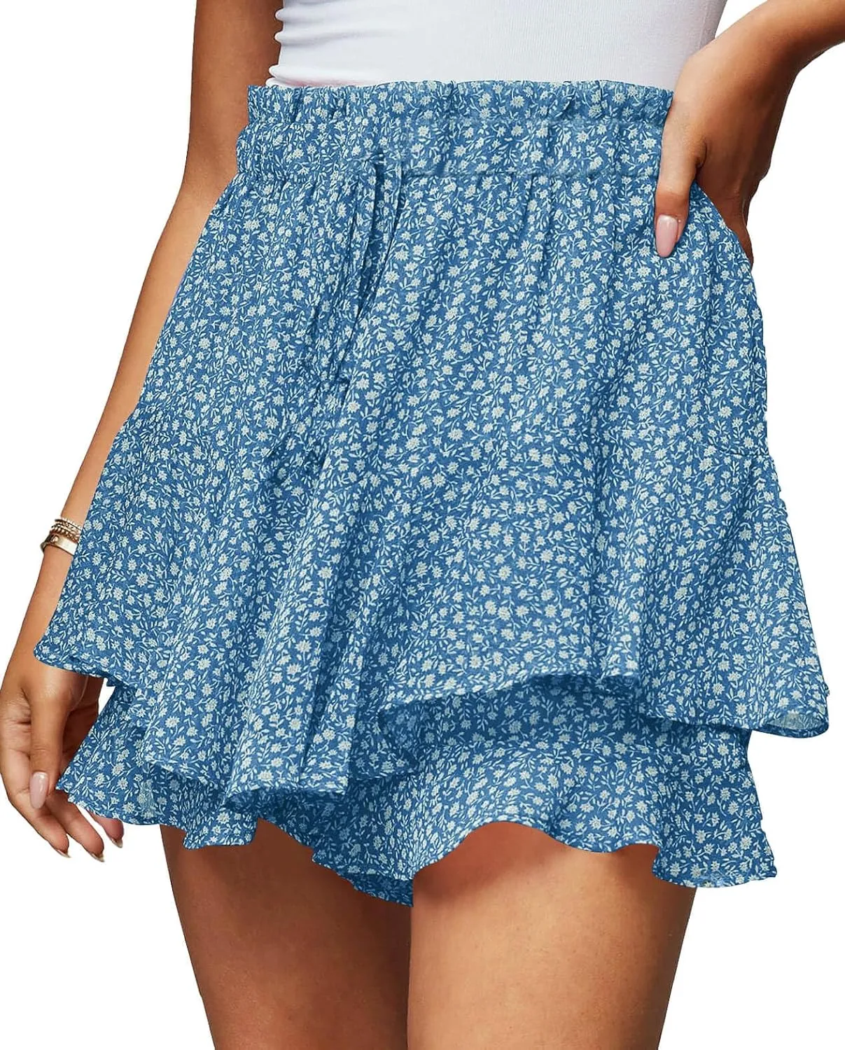 Women's Summer Floral Ruffle Hem Skirt Shorts Elastic High Waist Layered Tiered Boho Mini Skorts Skirts
