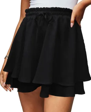 Women's Summer Floral Ruffle Hem Skirt Shorts Elastic High Waist Layered Tiered Boho Mini Skorts Skirts