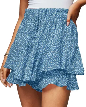 Women's Summer Floral Ruffle Hem Skirt Shorts Elastic High Waist Layered Tiered Boho Mini Skorts Skirts