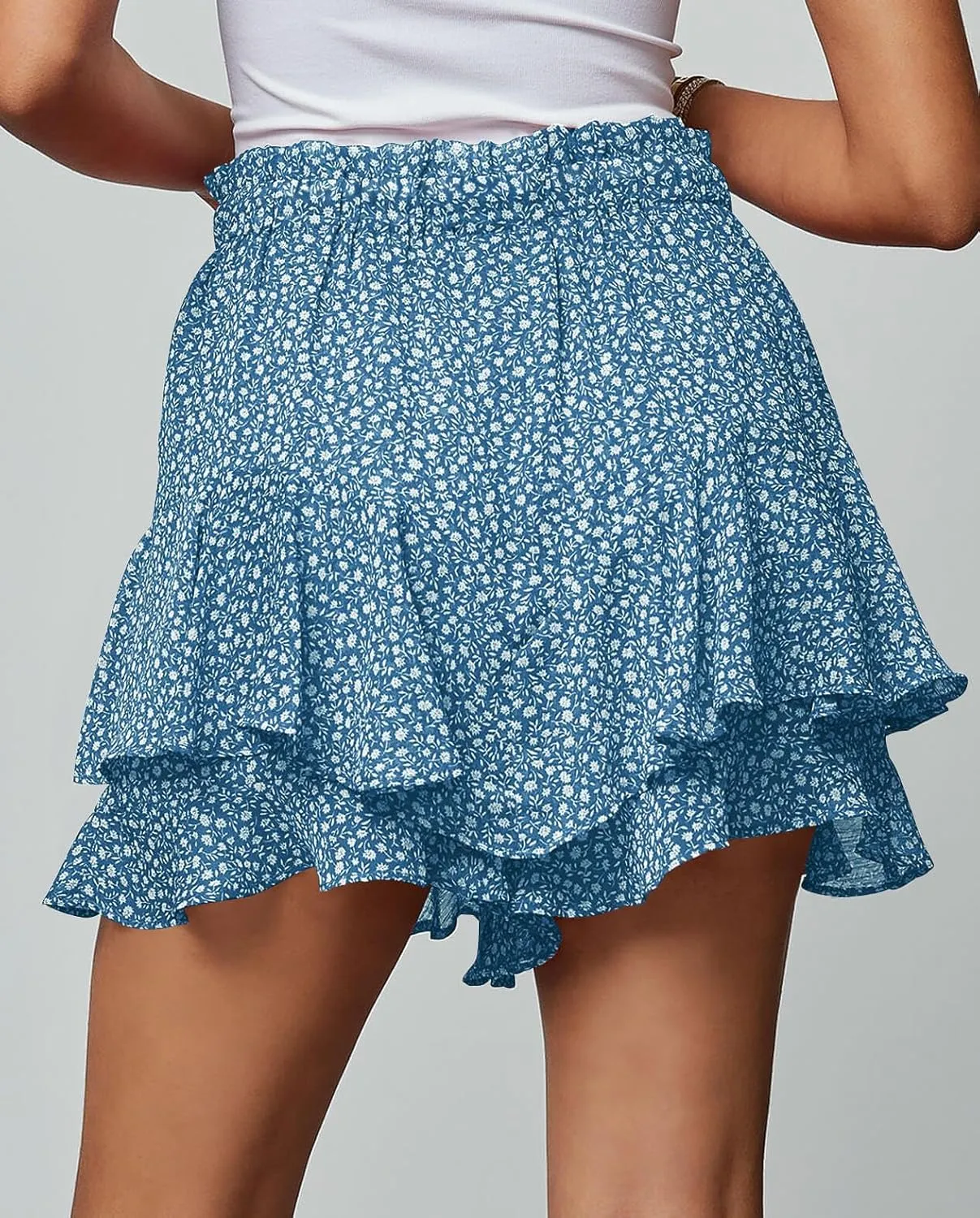 Women's Summer Floral Ruffle Hem Skirt Shorts Elastic High Waist Layered Tiered Boho Mini Skorts Skirts